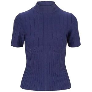STAUD Dark Blue Ribbed Short Sleeve Top